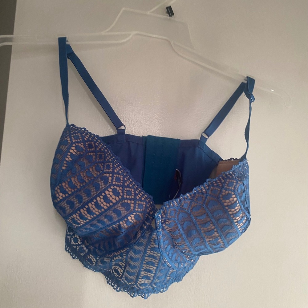 Adore Me Blue Lace Balconette Bra Corset‎ Style Longline Underwire Bustier 32H